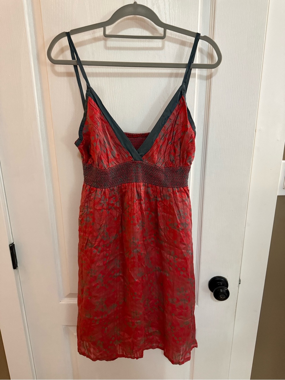 100% Silk Red V-Neck Dress with Contrasting Trim